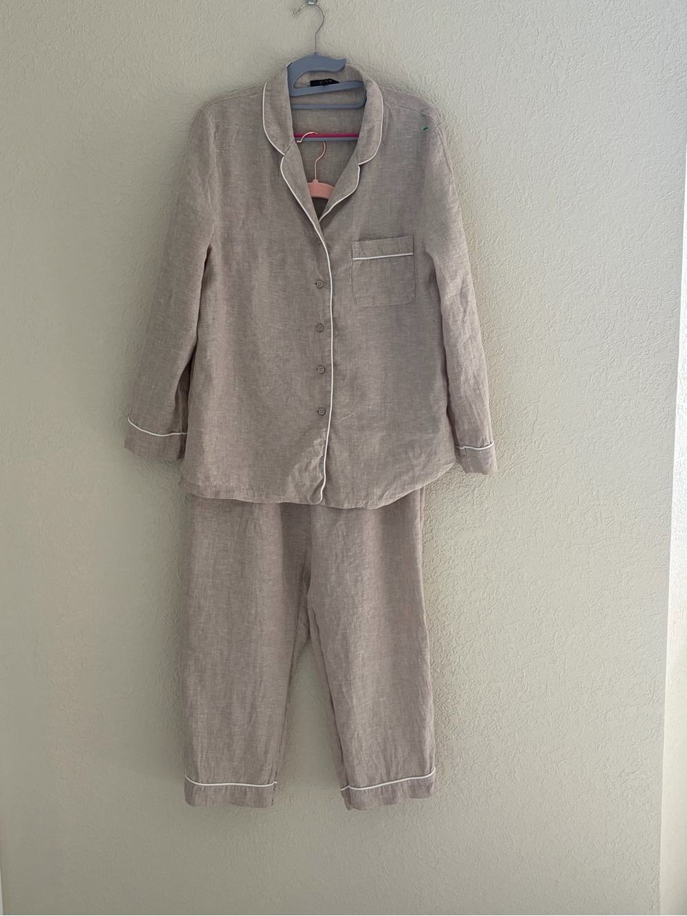 Quince Pajama Set European Linen Long Sleeve Pants Top Small Gray hite Piping